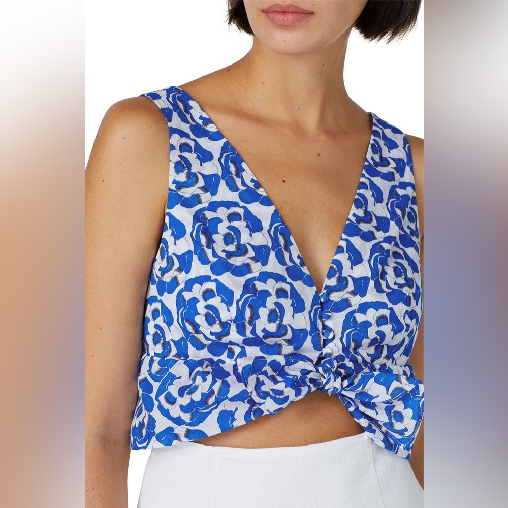 Thakoon x RTR Blue Floral Ruffle Crop Top Cotton Sleeveless V-Neck size 10